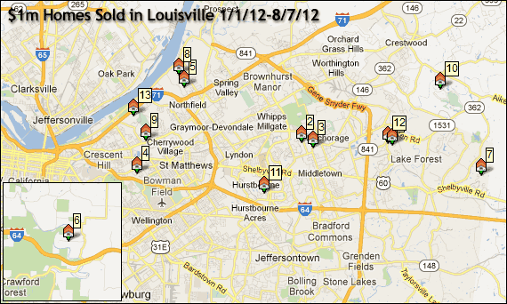 Map of $1m homes sold in Louisville in 2012