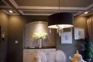 Photo of wallpaper inset into a built-in nook for a formal dining room Rock Springs Homearama