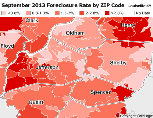 Map of September 2013 Foreclosure Rate by ZIP Code in Louisville Kentucky and Southern Indiana