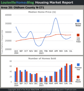 Charts of Louisville home sales and Louisville home prices for North Oldham County MLS area 20 for the 12 month period ending July 2015.