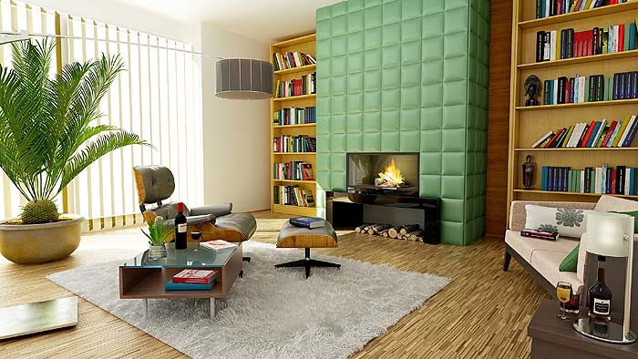 Photo of a family room with mid-century modern furniture.