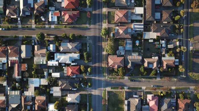 Overhead photo of a neighborhood with lots of houses